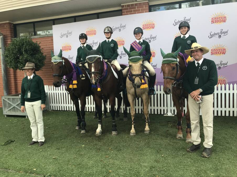 WINNING TEAM: Riders (from left) Catelin Crawford, Chloe Mannell, Ryleigh O'Hare and Jackson Reeves, with team managers Kylie Reeves and Steve Crawford. 