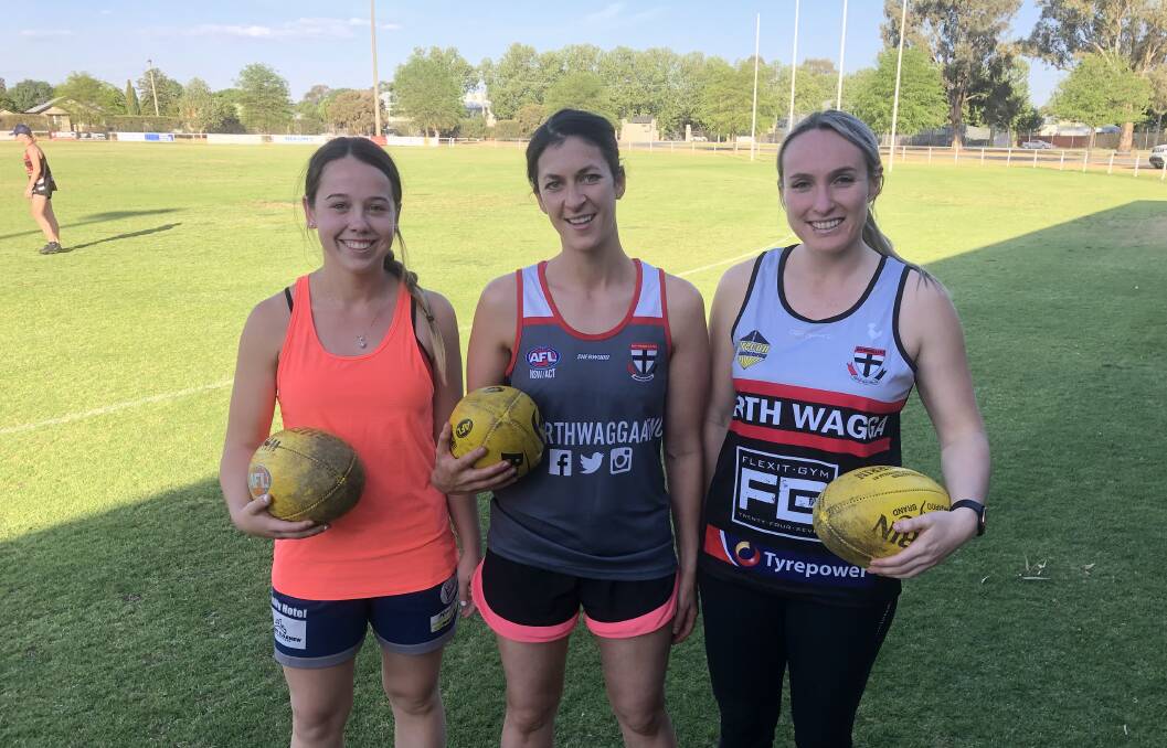 NEW ERA: (from left) Abbey Platt, Sarah Harmer and Leah Liefting at McPherson Oval on Thursday for pre-season training with North Wagga as the Saints prepare to join the AFL Southern NSW Women's competition. Picture: Peter Doherty