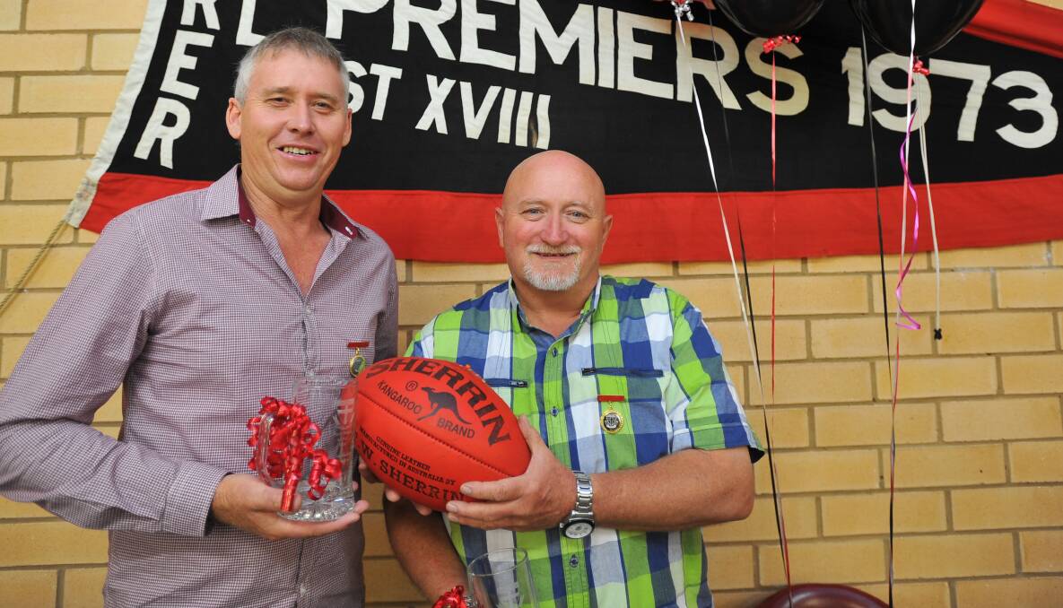 Rod Sheedy (right) awarded life membership in 2014 along with Peter Keating. Sheedy has announced he'll stand down after 21 years on the committee having finally seen a senior Saints premiership.