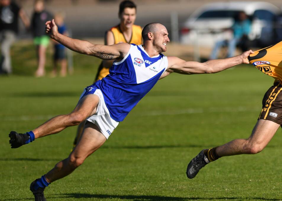 Coleambally star Curtis Steele (pictured representing the Farrer League) had a fine game and kicked five goals in their crucial win against the Northern Jets. 