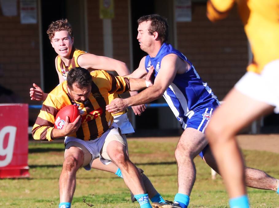 Leading goalkicker Chris Ladhams returns for the Hawks but will expect another tough day out from Temora defender Liam Pattison.