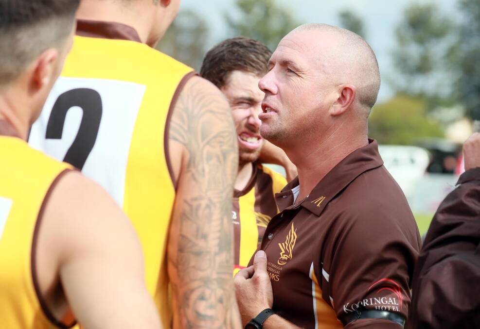 EWK coach Matt Hard back in round one against The Rock-Yerong Creek. The Hawks were supposed to meet the Magpies to kick off the Farrer League finals series. Picture: Les Smith