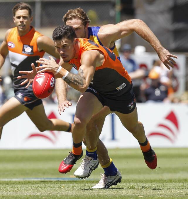 BACK HOME: Zac Williams playing for the Giants against West Coast in a pre-season game at Narrandera Sportsground in 2017. It was where he won a Riverina League premiership and best-on-ground for the Eagles in 2012. Pictures: Les Smith