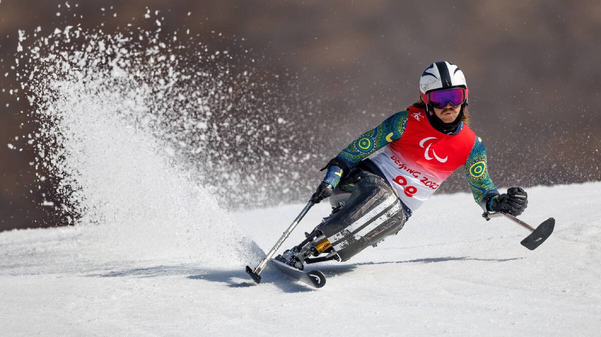 MOMENT OF TRUTH: Josh Hanlon on debut at the Winter Paralympic Games where he finished 11th in his first ever event, the giant slalom sit ski in Beijing. Picture: International Paralympic Committee