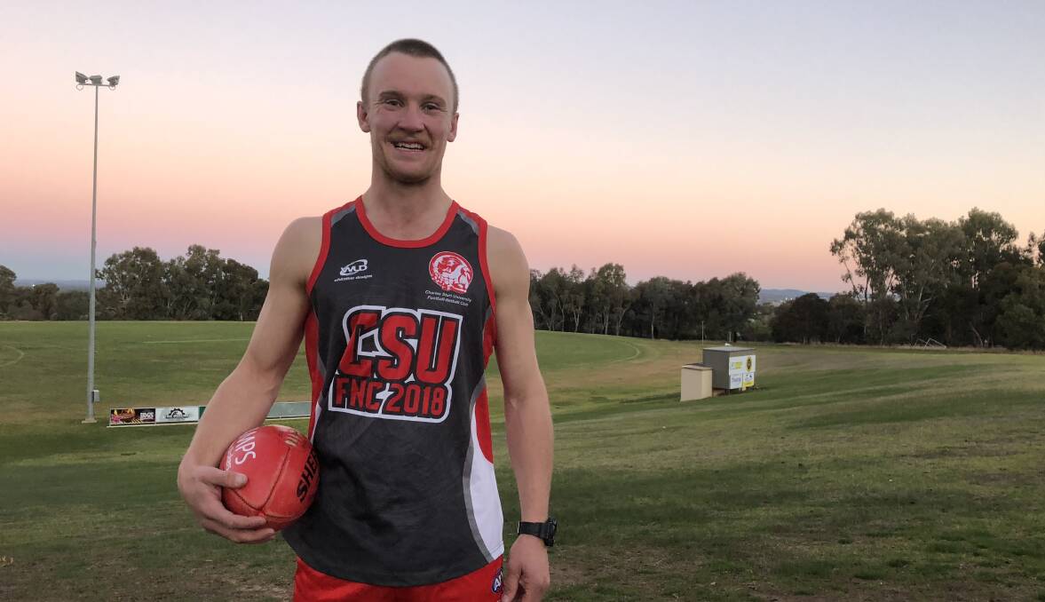LEARNING THE GAME: CSU's Max Hanrahan at Peter Hastie Oval on Thursday night. The Bushpigs take on the Bombers at Marrar on Saturday. Picture: Peter Doherty