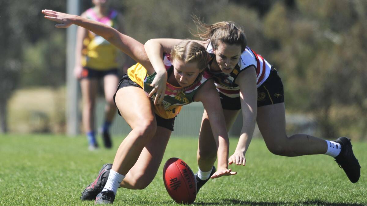 SUCCESSFUL DAY: Elise Tully and Amy Andrews tussle in the charity women's Aussie rules game between university clubs Ag College and CSU Bushpigs. Picture: Chelsea Sutton