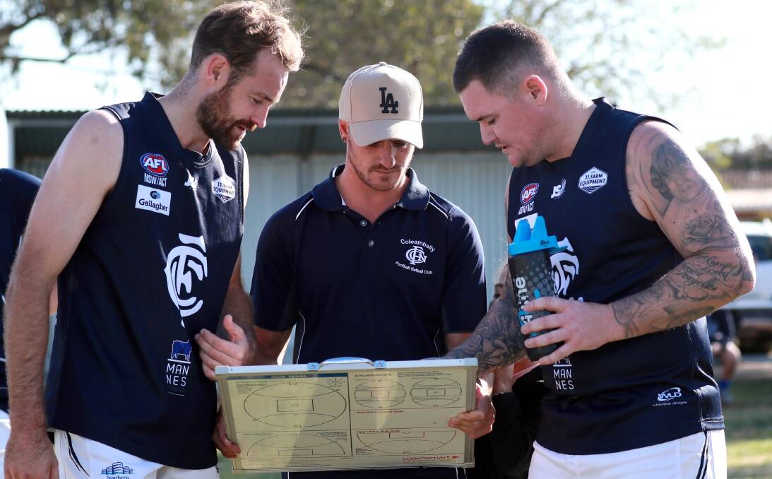 BRAINS TRUST: Curtis Steele (centre) has stepped back from a co-coaching role, leaving Luke Hillier in charge with Jade Hodge (right) as assistant. The trio is pictured at Marrar's Langtry Oval last season.