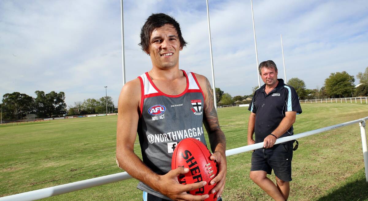 Hancock came to North Wagga in the off-season from Darwin, to play at the club where his father once played, with Dave White (right). 