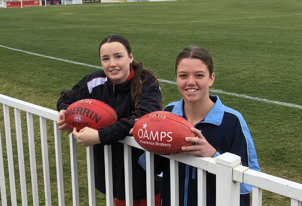 STATE REPS: Zara Hamilton (left) and Jess Wendt will represent NSW schools at the 15 years national Australian rules championships. 