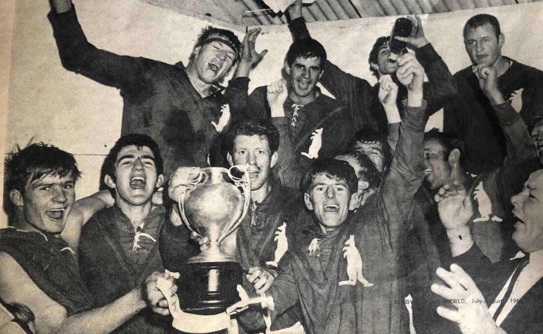 EARLY WIN: Tommy Raudonikis (front, left) with his Kangaroos teammates after a Maher Cup win in 1969.