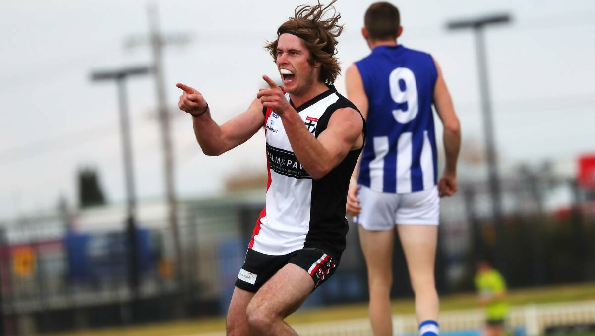 Celebrating a goal in last year's preliminary final win against Temora.