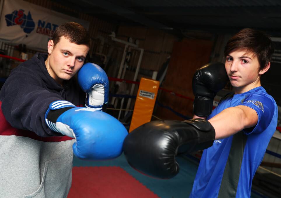 FIGHTING FIT: Barefoot Boxing's Jordan Passlow (left) and Kyle Cocking, both 15, are aiming for the Boxing NSW Novice Titles next month. Picture: Emma Hillier