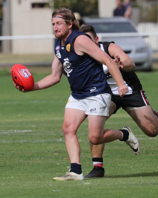 Jackson Painting playing for Coleambally. While a host of footballers partake in novelty events at Riverina Paceway on Saturday night, the Blues forward will be in the gig with drives in seven of the 10 races.