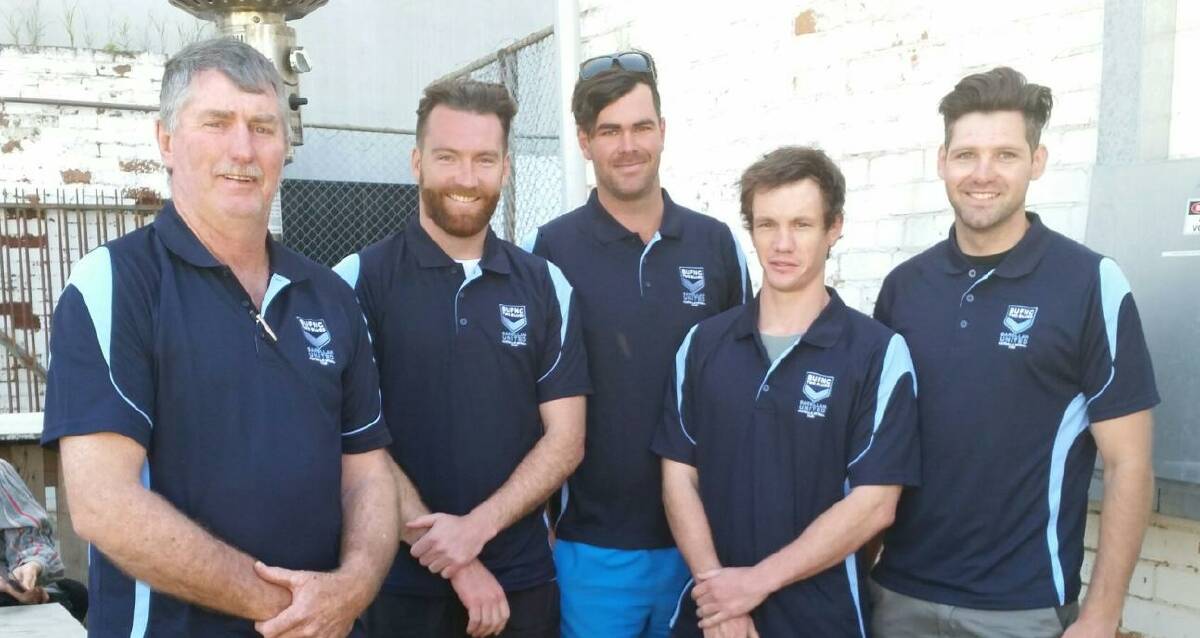 NEW FACES: (from left) Barellan president Mark Kenny with Two Blues recruits for next season, Matt Bernasconi, Will Prowse, Mal Fernie and James McCabe.