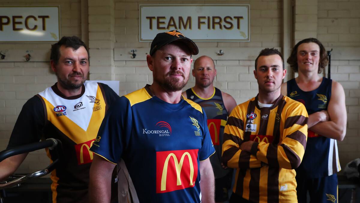 DB's CREW: East Wagga-Kooringal reserves coach Danny Bromham (front) with Luke Adams, Chris Hommes, Brodie Flynn and Caleb Wild. Picture: Emma Hillier.