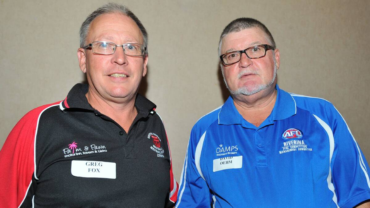 Former North Wagga president Greg Fox (left) with David Oehm at a season launch. Fox has joined the Farrer League CMC this year in what will be Oehm's final year as league president.