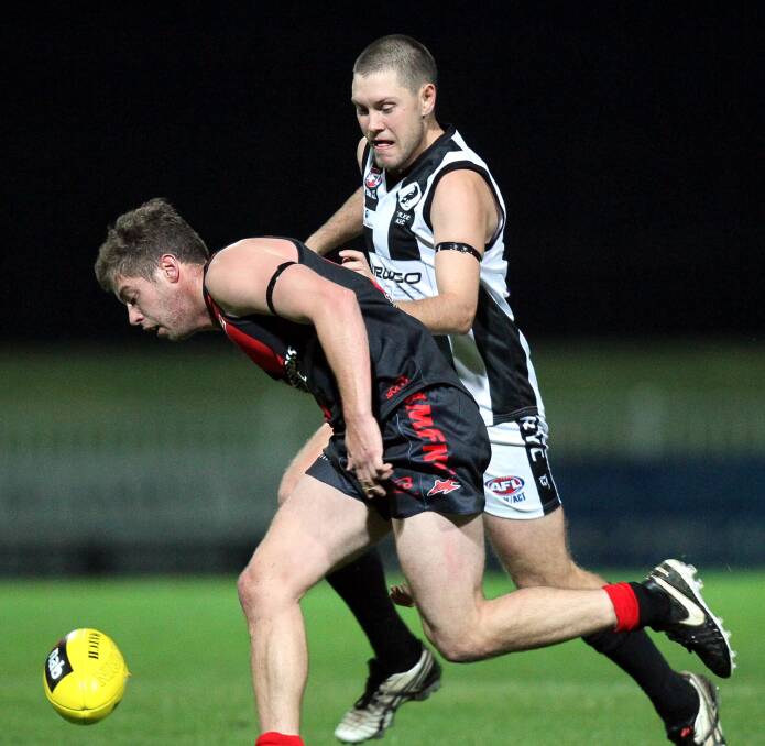 CHANGE OF SCENE: TRYC's Aiden Ridley battles with Marrar's Cal Gardner in the 2017 Anzac Challenge. After a decade with the Magpies, Ridley will leave for a season with his junior club Tullibigeal. 