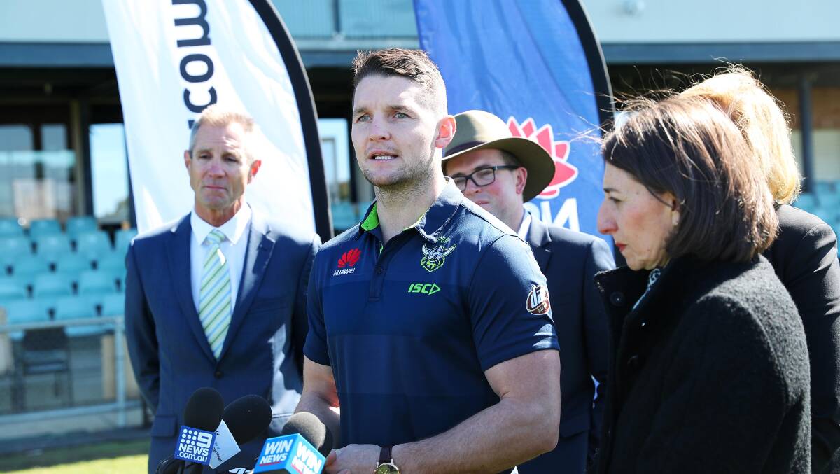 Raiders captain Jarrod Croker was front and centre at the Raiders' announcement in late August that they would be playing an NRL game in Wagga. Raiders CEO Don Furner (left) and NSW Premier Gladys Berejiklian (right) were on hand for the Equex announcement. Picture: Emma Hillier