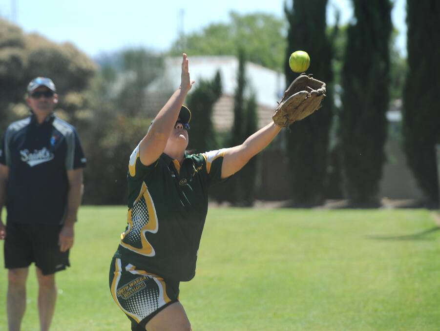 WHAT A CATCH: South Wagga Warriors' fielder Louise Matheson taking a catch in their first loss of the season against the Saints on Saturday. Picture: Laura Hardwick