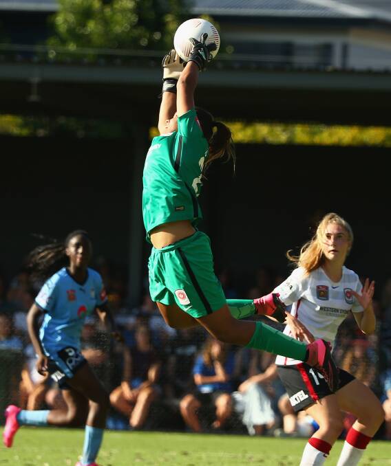 KILLER SAVE: Western Sydney Wanderers goalkeeper Jada Whyman putting it all on the line for her team, playing Sydney FC in December. Picture: Getty Images