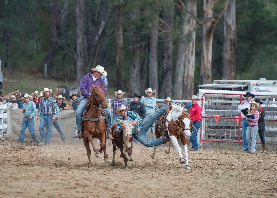 BIG WEEKEND: Another local cowboy making the most of the Easter run, Tooma's Brad Pierce changing-up disciplines, steer wrestling at Buchan on Sunday. Pierce is a champion saddle bronc rider. Picture: Geoff Stanton