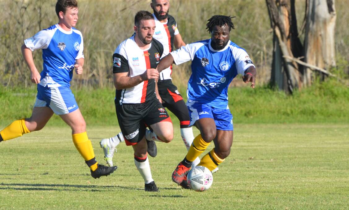 RETURNING: Adam Raso in action for Leeton United against Tolland during the 2021 season. The prolific forward looks set to make his return this weekend when they take on Cootamundra. PHOTO: Declan Rurenga