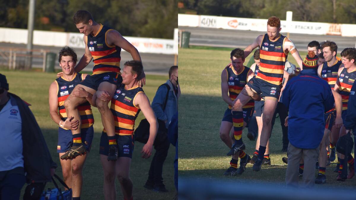 CARRIED OFF: Kyle Pete (50 games) and Mason Dryburgh (100 games) racked up a milestone in the Crows' win over their arch-rivals. PHOTOS: Liam Warren