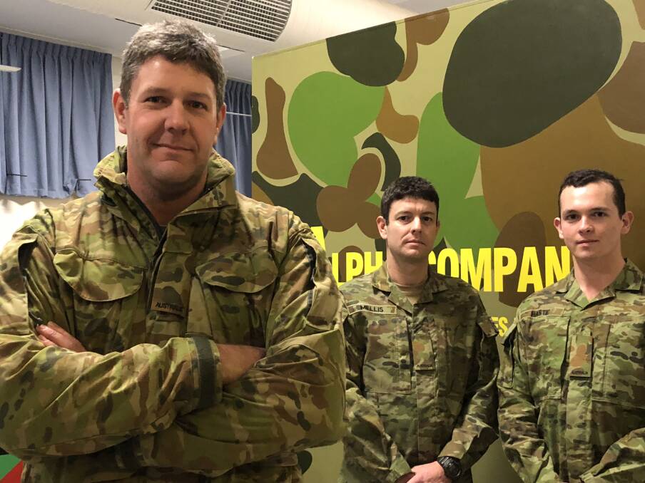 No reservations: Riverina truck driver and riflemen Lee Brooks (L), with Wagga draughtsman Glenn Mellis and CSU student Ryan Haste, from the 1st/19th Battalion Royal NSW Regiment.