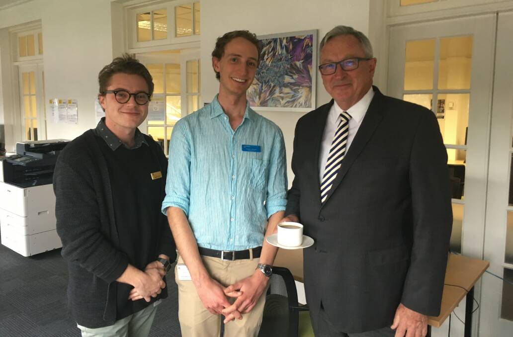 Forging ahead: Third-year medical student James Chapman (left), with sixth-year medical student Tim Bemand, who will do his internship at Wagga Base Hospital in 2019, and Minister for Health and Medical Research Brad Hazzard.