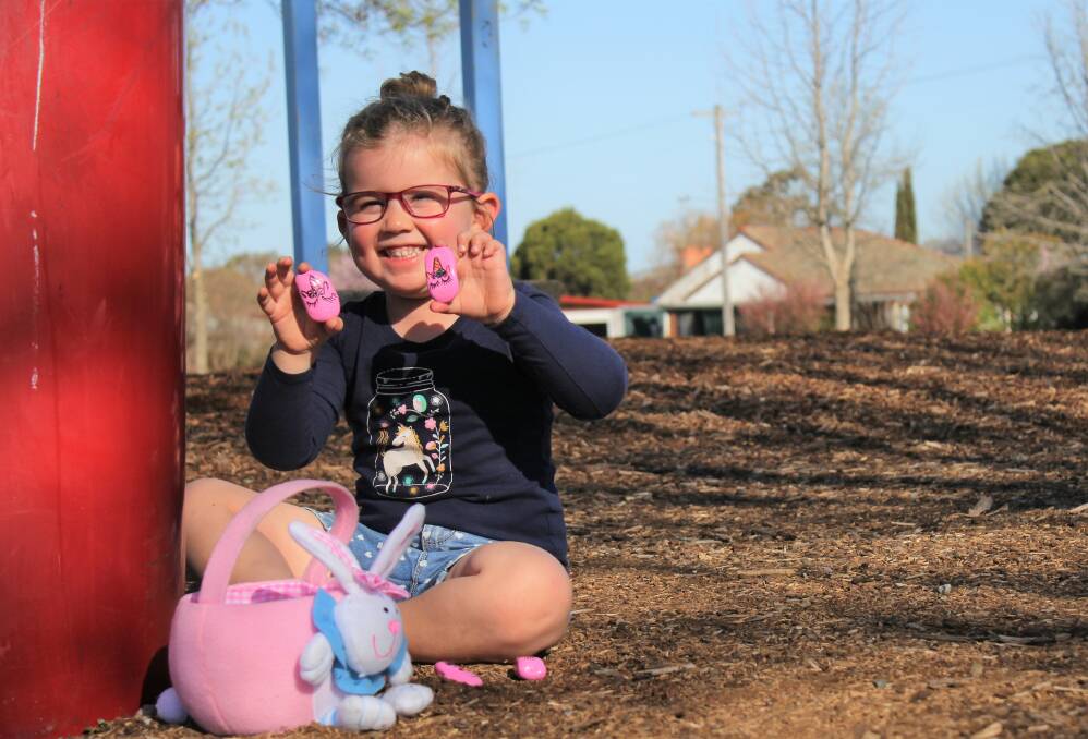 Hunt is on: Sienna Evans, 3, and her mother Kate Evans have been painting rocks as part of a city-wide treasure hunt for families. 