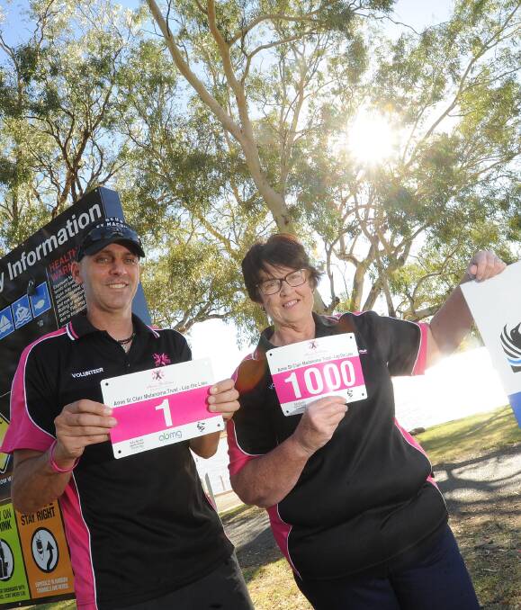 Running aid: Wagga Takes 2 participant Peter Adams with Annette St Clair announce the launch of Lap the Lake in support of the Amie St Clair Melanoma Trust. Picture: Laura Hardwick