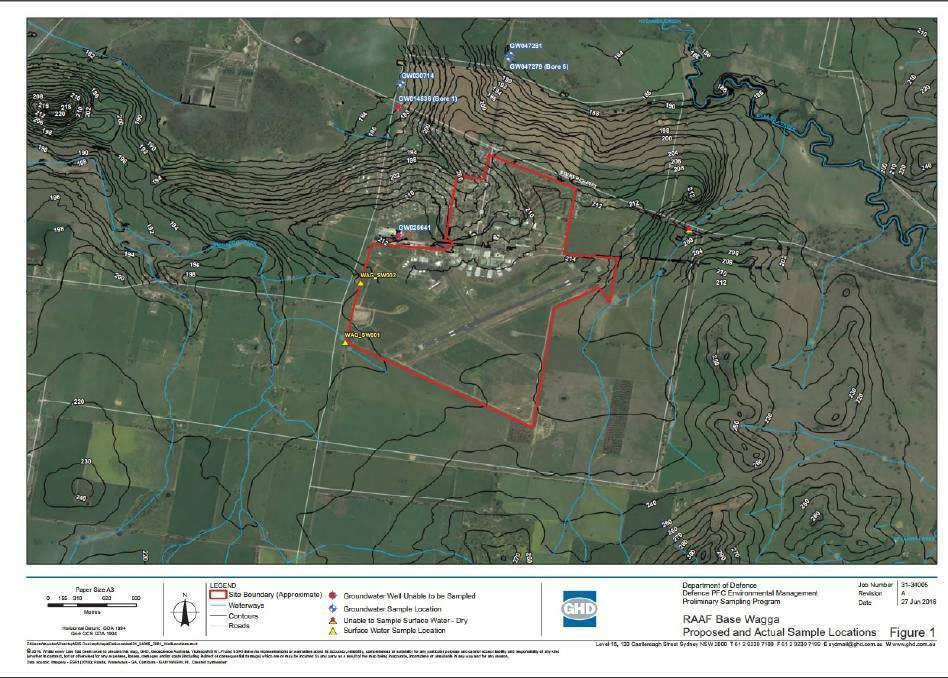 Toxic spread: Red line indicated approximate search site boundary at Forest Hill. Picture: Department of Defence 
