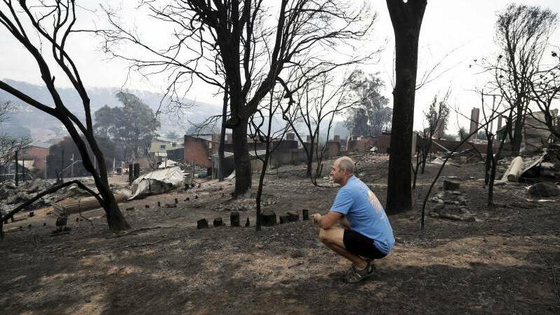 Ashes and dust: John Plumb views the aftermath of the Tathra bushfire. Photo: Alex Ellinghausen