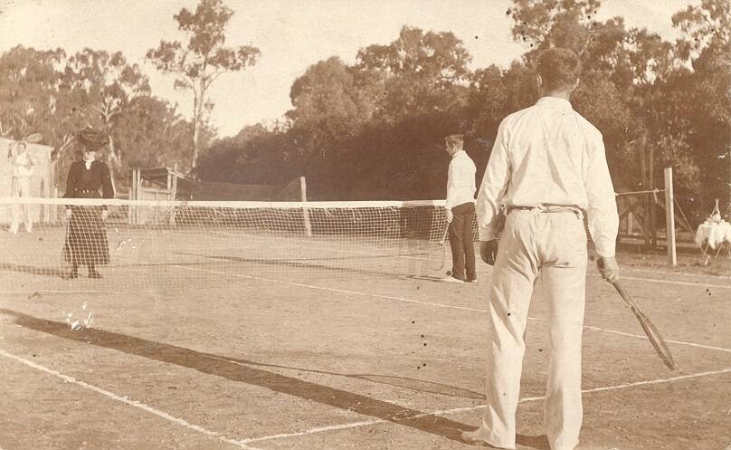 SPORTY: The Smith family of Kyeamba Station enjoying a game of tennis on a friend’s court. The ladies did not wear special outfits. They just wore their everyday clothes including hat, corsets and voluminous skirts.