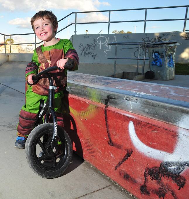 TURTLE POWER: Harvey Englefield, 3, of Wagga, at the skate park this week. Picture: Kieren L Tilly