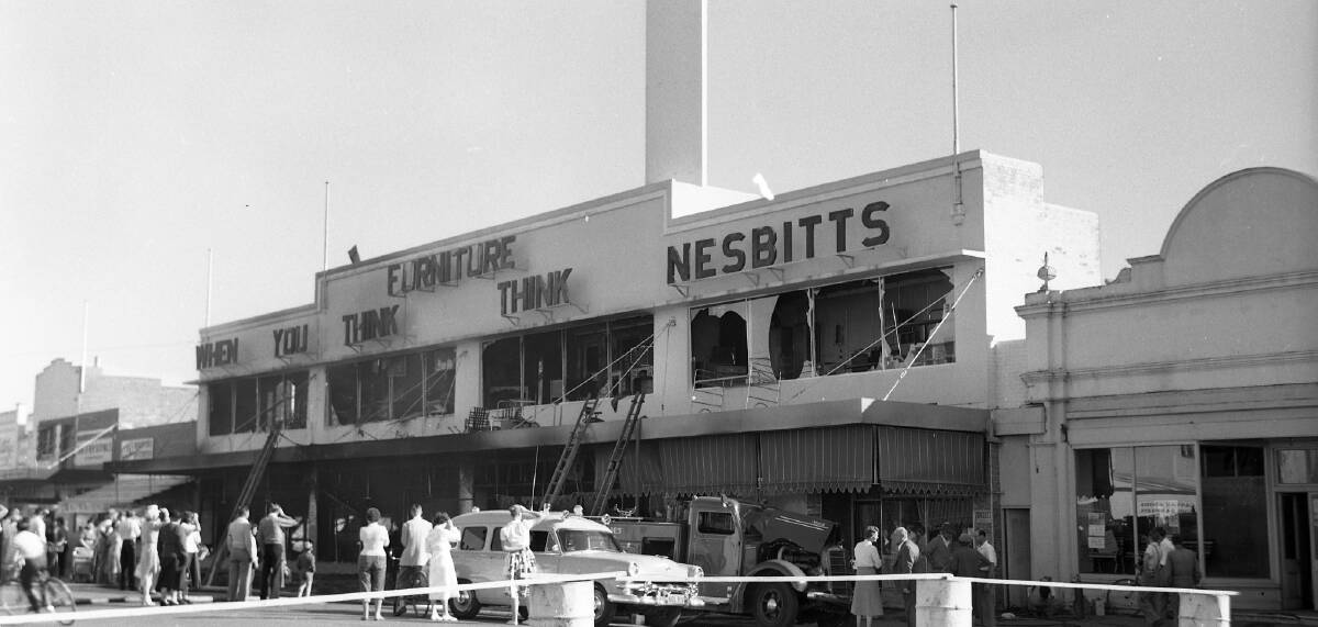 WELL-KNOWN: The aftermath of the Nesbitt’s fire in Baylis Street on May 4, 1959. The business was founded by Robert George Nesbitt in 1910.