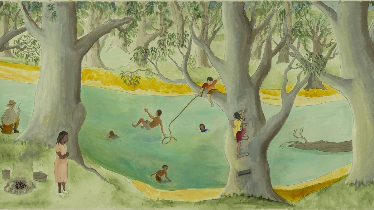 STORY TELLING: Swimming in the River, illustration from Murray Cod Story by Uncle Jimmy Ingram, illustrated by Bernard Sullivan, 2018.