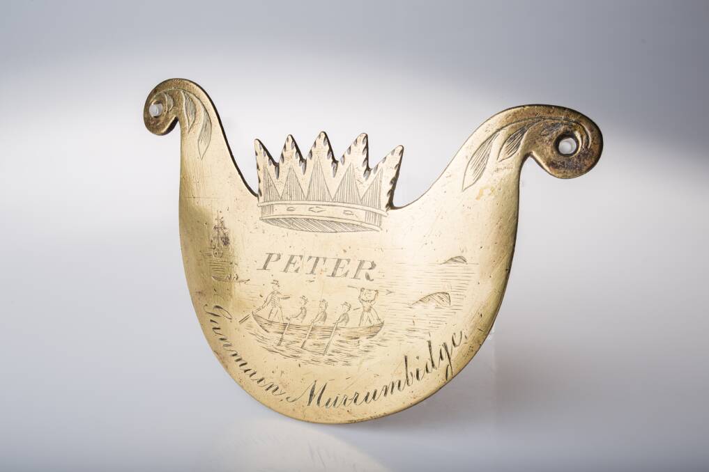 HISTORY: The ‘King Peter’ Breastplate is a brass plaque given by the Devlin family of Ganmain Station to ‘Peter’, a Wiradjuri man, in the 1860s
