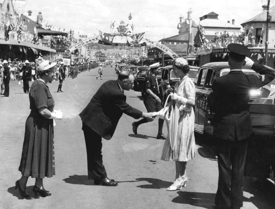 FOUNDATION: Labor MP for Wagga, Eddie Graham, greets Queen Elizabeth outside the Wagga Wagga Council Chambers in February, 1954. Picture: CSU Regional Archives Collection – RW43/39