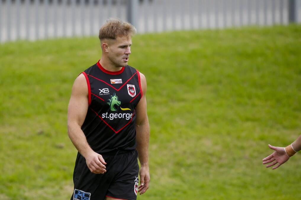 HIS CALL: Jack de Belin, pictured at Dragons training in July, is free to resume training with the club despite his trial on sexual assault charges ending in a hung jury on Monday. Picture: Anna Warr.