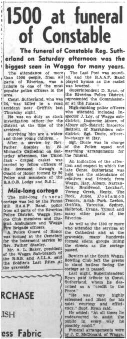 CLIPPING: The Daily Advertiser reported 1500 attended Constable Reginald Sutherland's funeral in Wagga in 1954