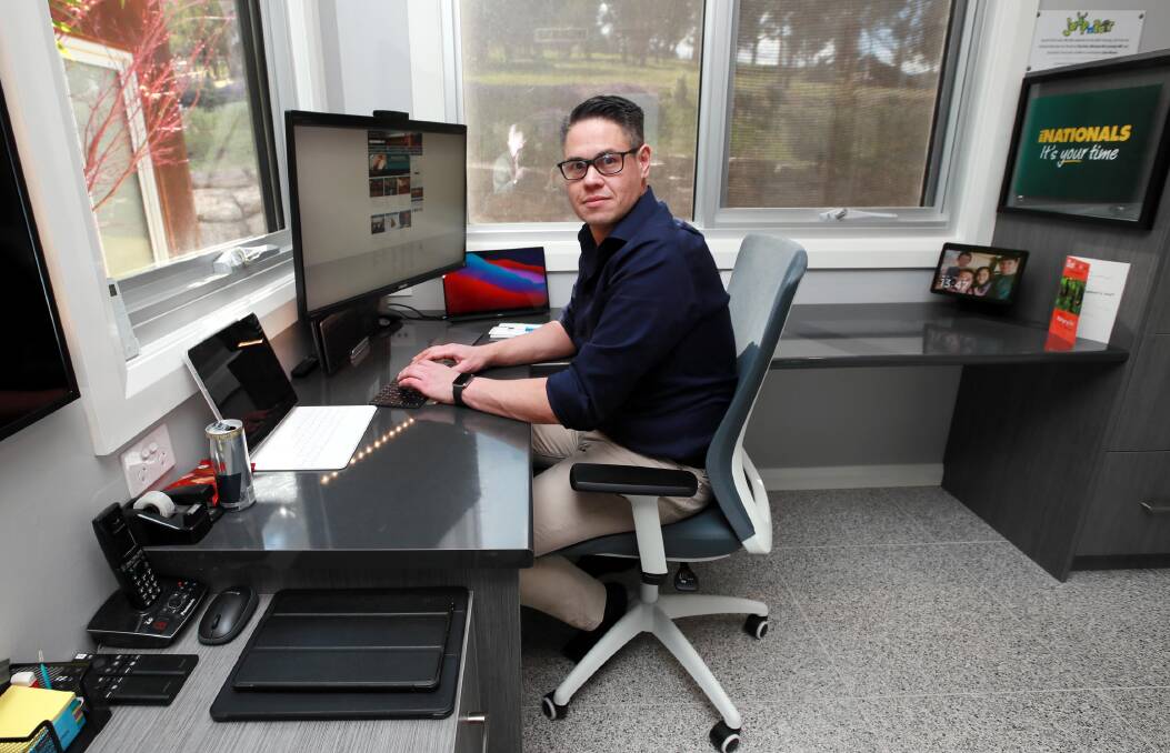 NSW Upper House MP Wes Fang in his home office in Wagga from which he watched parliamentary proceedings in the Legislative Council on Tuesday afternoon. Picture: Les Smith