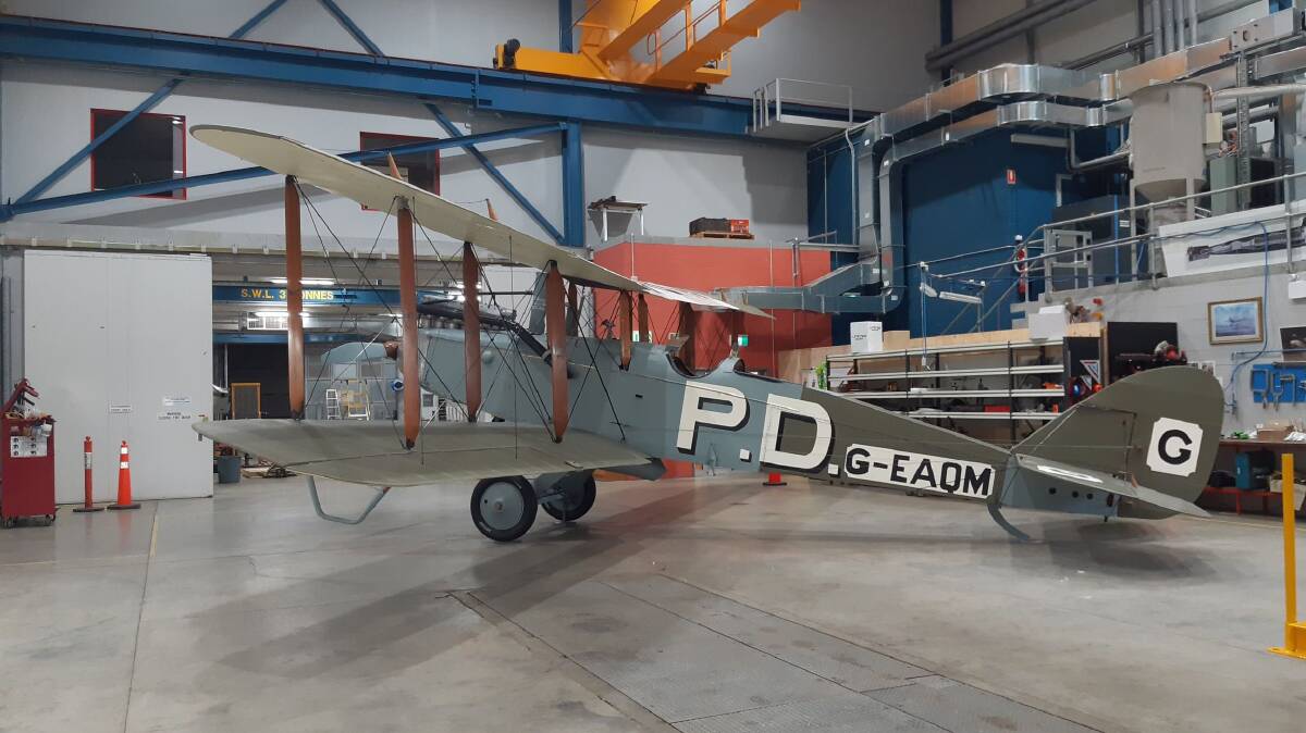The de Havilland as it appears today in the Australian War Memorial's annex. The PD on the fuselage stands for Peter Dawson, a Scottish whisky baron who sponsored the adventure and provided a bottle which survived the journey and was presented to Prime Minister Billy Hughes.