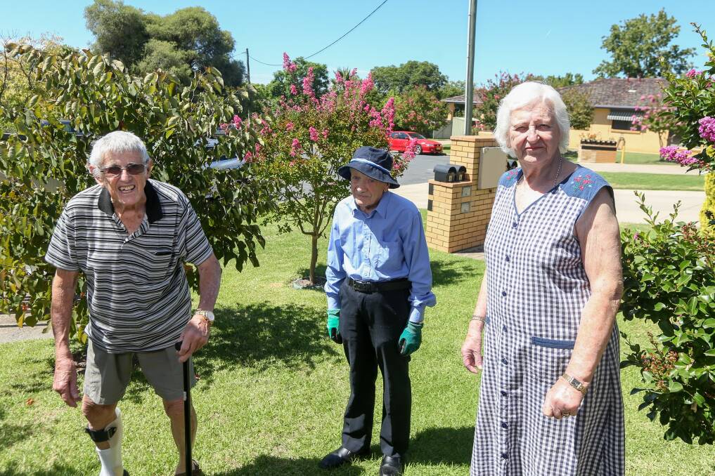Besieged: Jim Lee, Ken Everit and Margaret Fordon-Bellgrove are among the retirees who live at St Matthew's Village and fell prey to a crazed woman who invaded their yards and attempted to get into their properties. Picture: TARA TREWHELLA