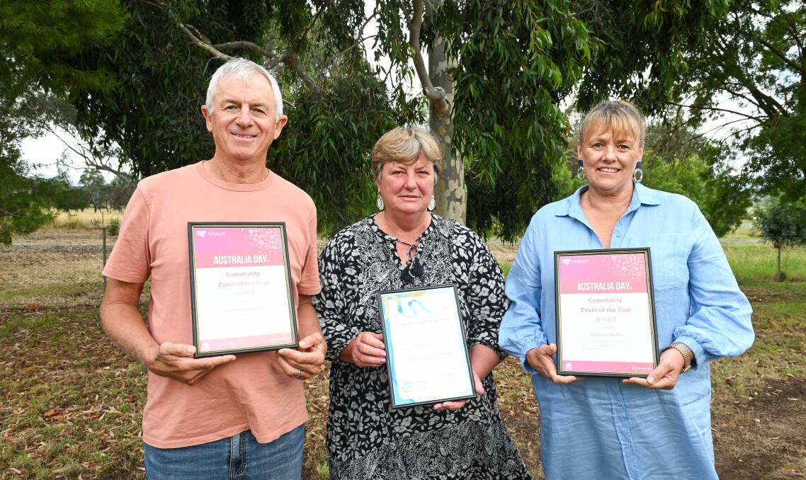Grahem Klemke (Henty Streetscape) and Rita Bowler and Jenni Papworth (Festival by the Sub) accepted the award for best community event which was presented on a joint basis this year. Picture by Mark Jesser