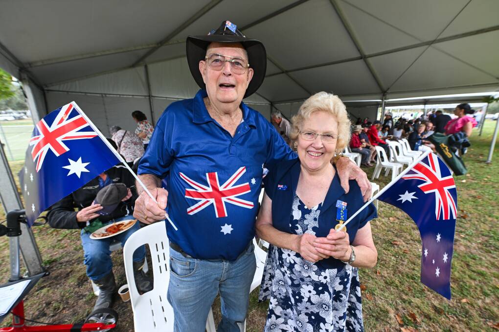 Thurgoona couple Jim and Lyn Jacobsen soaked up the occasion at Wymah. Mrs Jacobsen was wearing her Order of Australia Medal which she received last year for her community service that has included being part of the CWA. Picture by Mark Jesser
