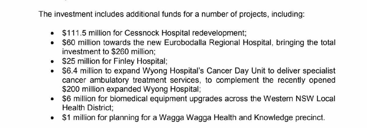 Left blank: An excerpt from the media release from the Premier, Deputy Premier and Health Minister listing projects receiving funding and no mention of what in particular the Finley hospital boost would go towards. 