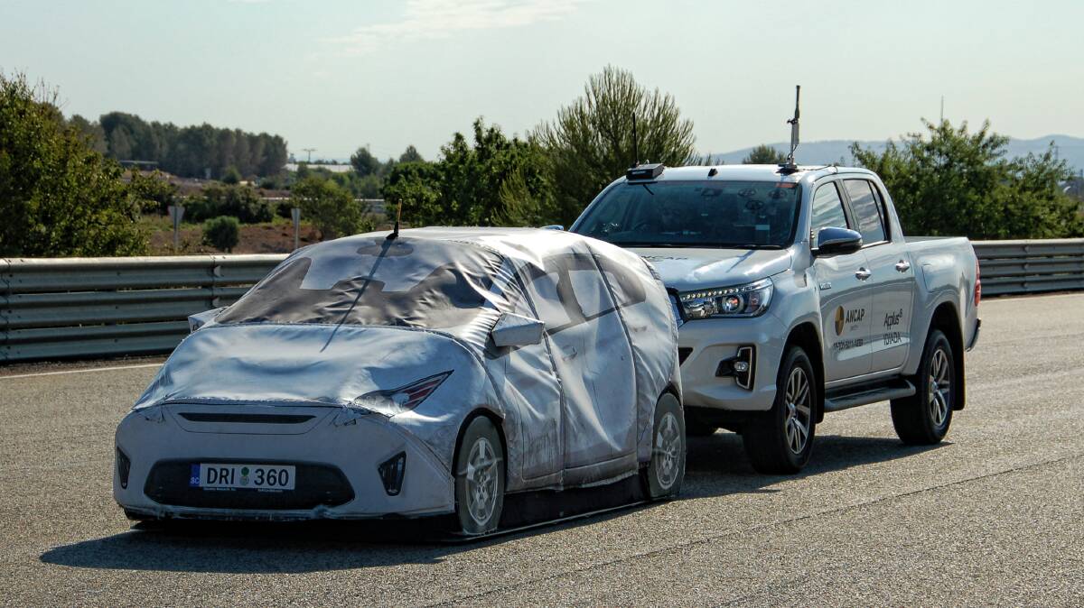 The AEB system on a Toyota Hilux is tested, using a dummy vehicle. Picture: ANCAP 