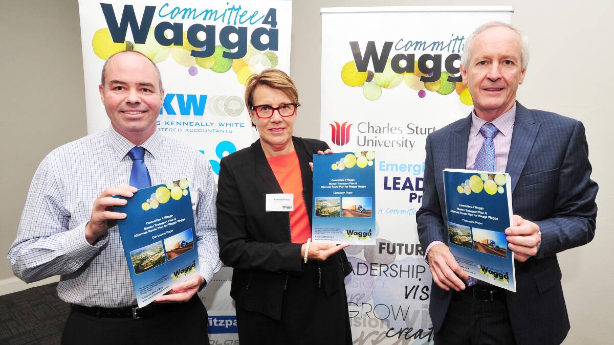 GHD principal project engineer Scott Farrell, together with Committee4Wagga chairwoman Judy Galloway and chief executive Chris Fitzpatrick outlined a vision for a future bypass of Wagga on Thursday. Picture: Kieren L Tilly