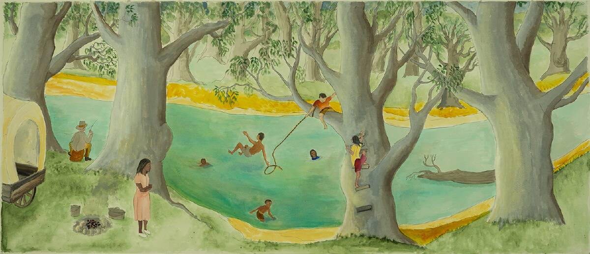 Swimming in the River, illustration from Murray Cod Story by Uncle Jimmy Ingram,
illustrated by Bernard Sullivan, 2018